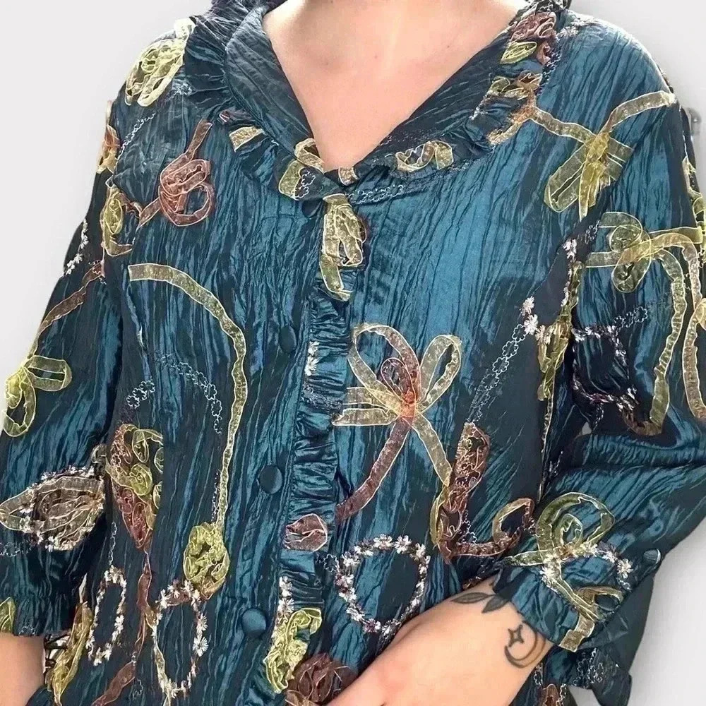 [M]Bellisima Vintage textured crinkle button up embellished  blouse Blazer